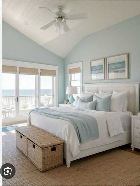 Modern Beach House Bedroom, Neutral Coastal Bedroom, Beach Bedroom Ideas, Aqua Bedrooms, Coastal Bedroom Decor, Beach House Room, Navy Bedrooms, Lady Decluttered, Coastal Farmhouse Decor