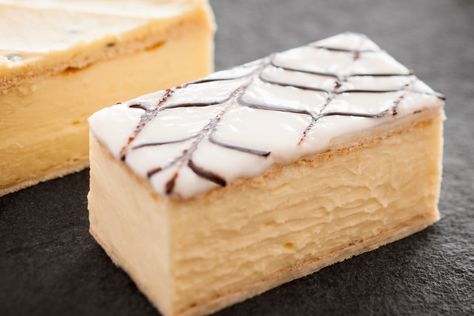 delicious. 100: best vanilla slices in South Australia French Vanilla Slice, Aussie Bites, Vanilla Slice, Egg Custard, Slice Of Heaven, Custard Filling, Vanilla Custard, Flaky Pastry, Fondant Icing