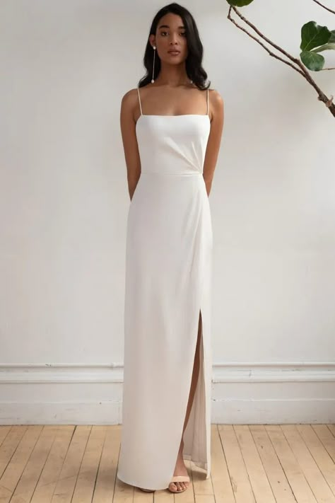 Rehearsal Dinner Dresses by Jenny Yoo Straight Satin Dress, Simplistic Wedding Dress, Spaghetti Strap White Dress, Minimalist Bridal Gown, Civil Ceremony Dress, Jenny Yoo Bridal, Column Wedding Dress, Column Skirt, Jenny Yoo