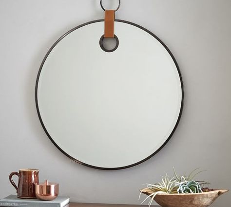 Mirror Bronze, Unique Framing, Mirror Interior Design, Large Round Mirror, Home Bar Accessories, Leather Mirror, Bar Accessories Decor, Mirror Round, Cool Mirrors