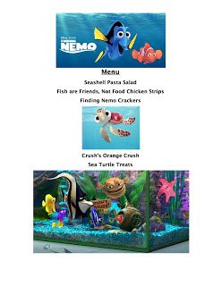 Finding Nemo Menu Disney Movie Night Menu Finding Nemo, Finding Nemo Movie Night Food, Finding Nemo Dinner, Finding Nemo Movie Night, Disney Nights, Disney Movie Night Menu, Theme Dinners, Nemo Movie, Finding Nemo Movie