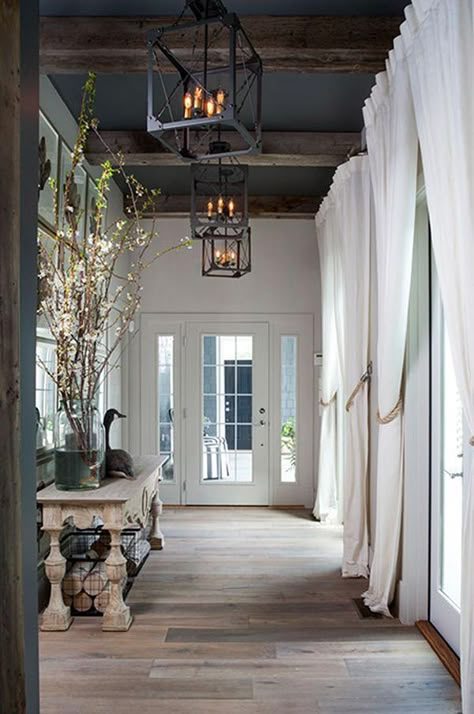 Dark Ceiling, Grey Ceiling, Farmhouse Interior Design, Wood Beam Ceiling, Colored Ceiling, Black Ceiling, Farmhouse Interior, Rustic Lighting, Painted Ceiling