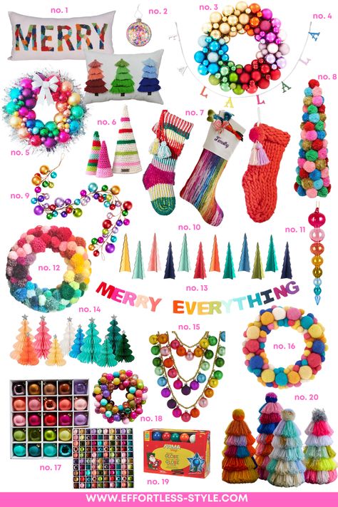 A-ROUND-UP-OF-COLORFUL-CHRISTMAS-DECORATIONS Rainbow Christmas Table Decor, Multi Colored Christmas Decorations, Colorful Xmas Lights, Bright And Merry Christmas Decor, Colorful Christmas Home Decor, Colourful Christmas Garland, Bright Boho Christmas Decor, Multi Color Christmas Decor, Colorful Christmas Mantle Decor