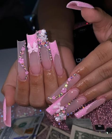 Pink Nail Birthday Set, Pink Bling Acrylic Nails, Pink Junk Nails, Pink Hello Kitty Nails, Sport Nails, Pink Bling Nails, Junk Nails, Kitty Nails, Acrylic Toe Nails