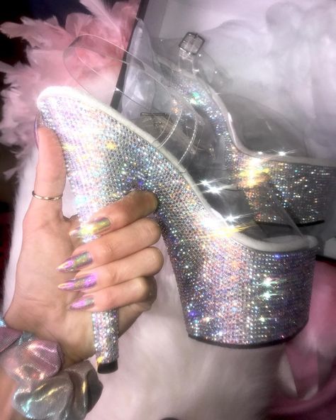 Holographic Glitter Nails, Dancer Lifestyle, Pleaser Heels, Clubbing Aesthetic, Money On My Mind, Holographic Glitter, Nail Shapes, Pole Dancing, Natural Nails