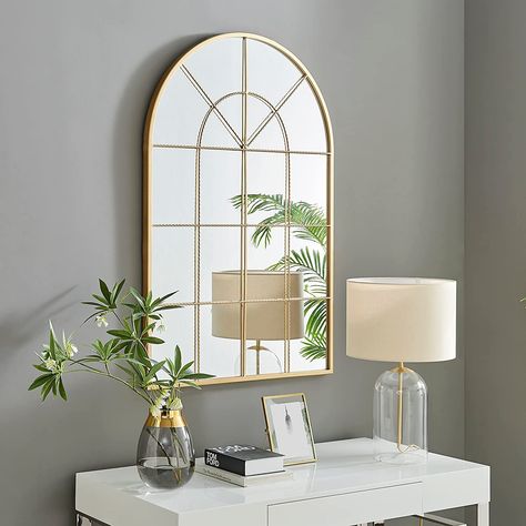 The gold metal frame is very on trend right now and will look stunning on the walls of a modern or traditional home alike. Arch Window Mirror, Wall Mirror Living Room, Gold Window, Arched Window Mirror, Mirror Dining Room, Mirror Inspiration, Transitional Decor Kitchen, Entryway Mirror, Dining And Living Room