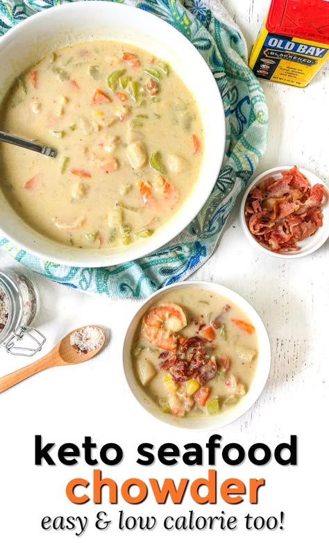 This creamy seafood chowder or soup is super easy to make, low carb and Paleo and gluten free too! Full of shrimp, scallops and langostinos and bacon. Keto Seafood Chowder Recipe, Low Carb Crab Soup, Keto Seafood Soup Recipes, Low Carb Seafood Chowder, Keto Shrimp Bisque Soup, Healthy Seafood Chowder Recipe, Shrimp Recipes Keto Low Carb, Keto Shrimp Soup Recipes, Keto Seafood Chowder