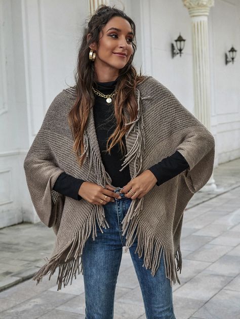 Fringe Trim Open Front Poncho Cardigan | SHEIN USA Boho Winter Outfit, Neutral Fall Outfits, Open Front Poncho, Plain Cardigan, Knit Poncho Sweater, Boho Winter, Cute Thanksgiving Outfits, Black And White Cardigans, Drop Shoulder Cardigan