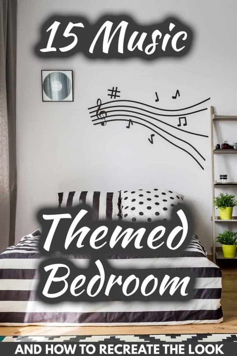 15 Music Themed Bedrooms [and How to Recreate the Look] - Home Decor Bliss Teen Music Bedroom, Guitar Room Decor, Music Bedroom Decor, Music Inspired Bedroom, Rock N Roll Bedroom, Kids Music Room, Themed Bedroom Ideas, Music Themed Rooms, Music Themed Bedroom