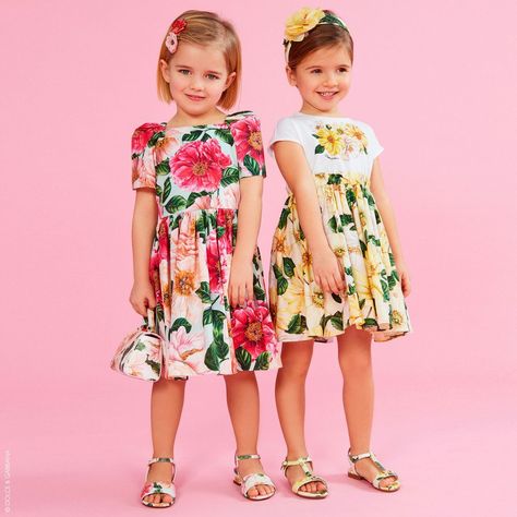 Dolce & Gabbana - Yellow Camellia Cotton Dress | Childrensalon Outlet Baby Dress Set, Poplin Skirt, Designer Dresses For Kids, Dolce And Gabbana Blue, Silk Chiffon Dress, Dolce And Gabbana Kids, Jersey Skirt, Designer Kids Clothes, Kids Sale