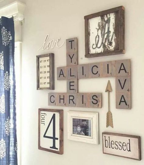 Family name wall                                                                                                                                                      More Family Names On Wall, Wall Scrabble, Wall For Living Room, Farmhouse Gallery Wall, Scrabble Wall Art, Scrabble Wall, Monogram Wall Art, Decor Ikea, Tile Wall Art