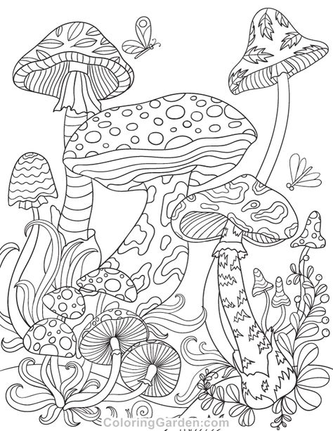 Free printable mushrooms adult coloring page. Download it in PDF format at http://coloringgarden.com/download/mushrooms-coloring-page/ Free Mushroom Printables, Mushroom Coloring Pages Free Printable, Mushroom Colouring Pages, Color In Pages, Fun Mushrooms, Free Printable Adult Coloring Pages, Mushroom Coloring Pages, Colouring In Pages, Free Coloring Pictures