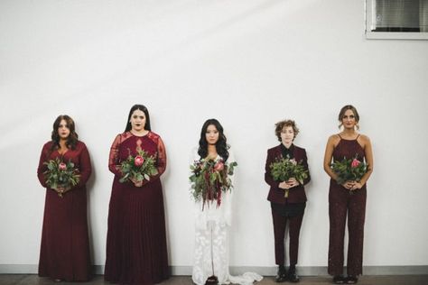 Edgy Design-Oriented Dallas Wedding at Lofty Spaces | Junebug Weddings Bridesmaid Suits, Bridesmaids Jumpsuits, Edgy Wedding, Fall Bridesmaid Dresses, Stunning Bridesmaid Dresses, Bridesmaid Inspiration, Mismatched Bridesmaids, 40 Fashion, Fabulous Wedding