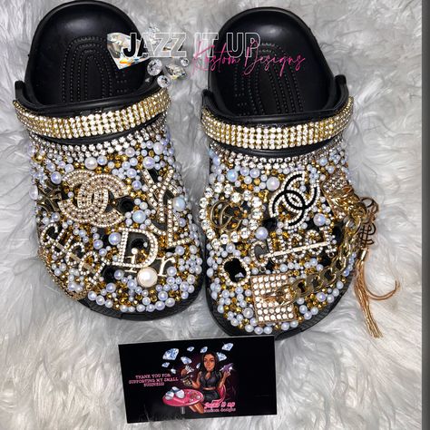 Bling Black Crocs, Black Custom Crocs, Blinged Crocs, Croc Designs, Crocs Custom, Bedazzled Crocs, Croc Slides, Designer Crocs, Cool Crocs