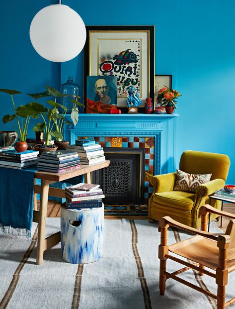 Eclectic Living Room With Fireplace, Art On Fireplace Mantle, Eclectic Mantel Decorating Ideas, Mantel Art Ideas, Blue Mantle Decor, Layering Art On Mantle, Art For Mantle, Fireplace Mantle Art, Contemporary Mantel Decor