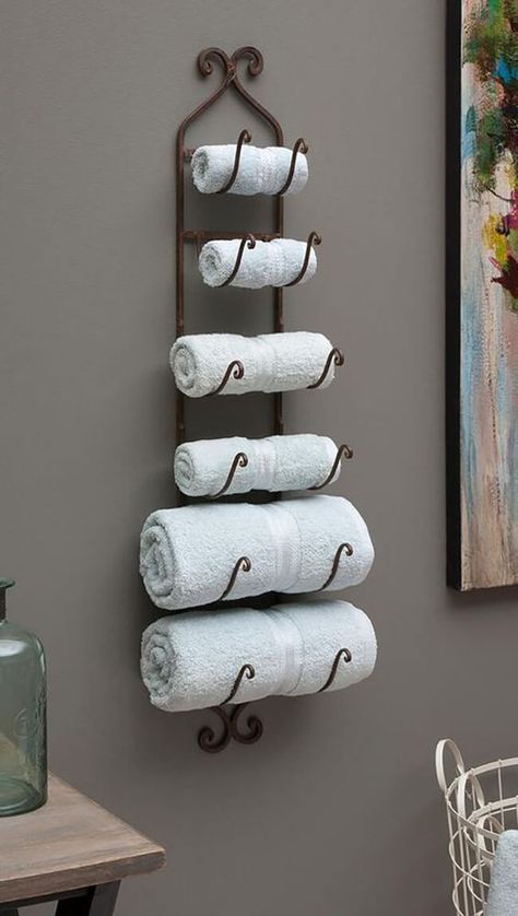 45+ Modern Vintage Bathroom Decor Designs & Ideas For 2019 Hanging Bathroom Storage, Small Bathroom Shelves, Modern Vintage Bathroom, Towel Art, Bathroom Towel Storage, Bathroom Storage Ideas, Diy Curtain Rods, Diy Coat Rack, Vintage Bathroom Decor