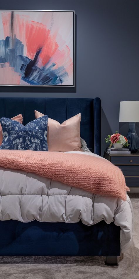 70 Modern Pink Bedroom Design and Decor Ideas for Home Owners – CreativeBooster Blue White Pink Bedroom, Navy And Blush Bedroom, Blue And Pink Bedroom For Adults, Coral And Navy Bedroom, Navy And Pink Bedroom, Blue Pink Bedroom, Navy Blue And Pink Bedroom, Modern Pink Bedroom, Pink And Blue Bedroom Ideas