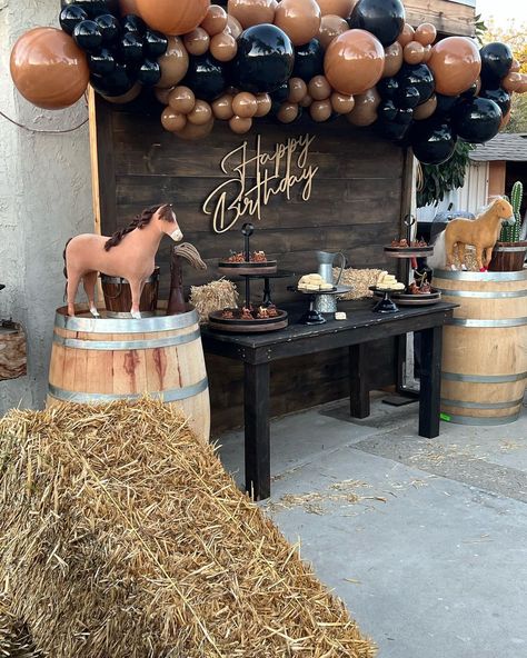 𝒥 𝒶𝓃𝒹 𝒥 𝒦𝓇𝑒𝒶𝓉𝒾𝑜𝓃𝓈 on Instagram: “🌵Cowboy Party 🐴 Full setup by @kreationsjj #bookus #foryournextevent #anytheme #letusdothework #cowboyparty #cowboydecor #centerpieces…” Cowboy Birthday Theme For Men, Western Birthday Party For Men, Boots And Dukes Party, Cowboy Table Centerpieces, Black Rodeo Party, Cowboy Birthday Party Ideas Table Decorations Western Theme, Cowboy Theme 50th Birthday Party, Urban Cowboy Party, Rancho Birthday Theme