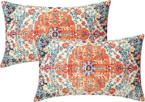 Vintage carpet rust coral floral pillow covers. The design is on the front and back. They measure 20 inches long by 12 inches high. Invisible zipper and comfortable cotton touch. A great way to add that vintage look to any room. Boho Pillow Covers, Bohemian Carpet, Bed Cushion, Carpet Vintage, Couch Pillow, Boho Pillow, Bedroom Bed, Rust, Pillow Cases