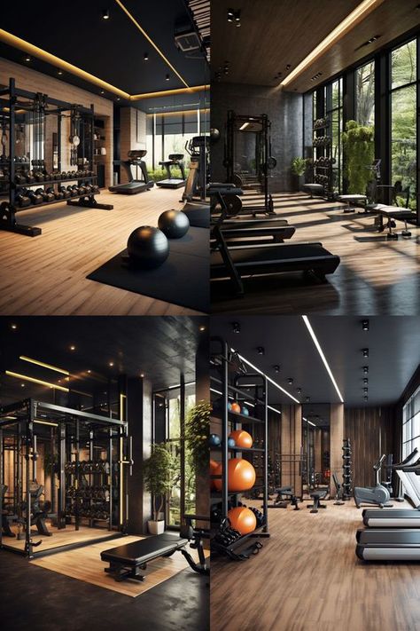 Gym Bathroom Ideas Interior Design, Dark Workout Room, Indoor Gym Aesthetic, Home Gym Wood Wall, Gold Gym Aesthetic, Moody Home Gym, Dark Home Gym, Gym Interior Design Ideas Modern Luxury, Patio Gym Ideas