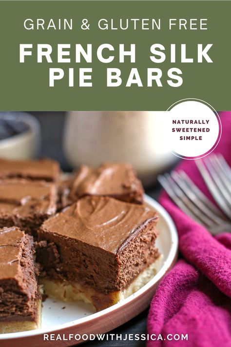 Gluten Free French Silk Pie Bars on a white plate French Silk Pie, Silk Pie, Best Paleo Recipes, Paleo Recipes Dessert, Gluten Free Pie, Free In French, Shortbread Recipes, Shortbread Crust, Pie Bars