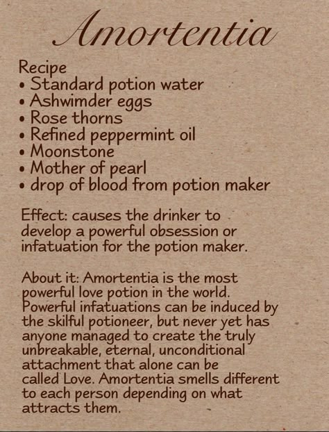 Amortentia Potion Recipe, Potions Recipes Witchcraft Harry Potter, Potion Ingredients Harry Potter, Hogwarts Potions Recipes, Making Harry Potter Potions Ingredients, Hogwarts Journal Ideas, Potions Recipes Harry Potter, Harry Potter Potions Recipes Spell Books, Potions Class Aesthetic