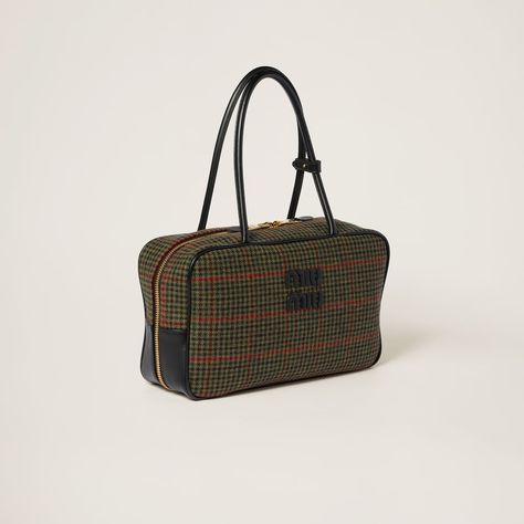 Loden Green Beau Tartan Top-handle Bag With Leather Details | Miu Miu Loden Green, Timeless Bags, Miu Miu Bag, Lettering Logo, Miu Miu, Leather Trims, Top Handle, Tart, Tartan