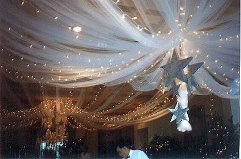 What an elegant idea for ceiling of reception hall. Starry Night Prom, Night To Shine, Debut Ideas, Starry Night Wedding, Dance Decorations, Prom Themes, Dance Themes, Prom Decor, Prom Theme