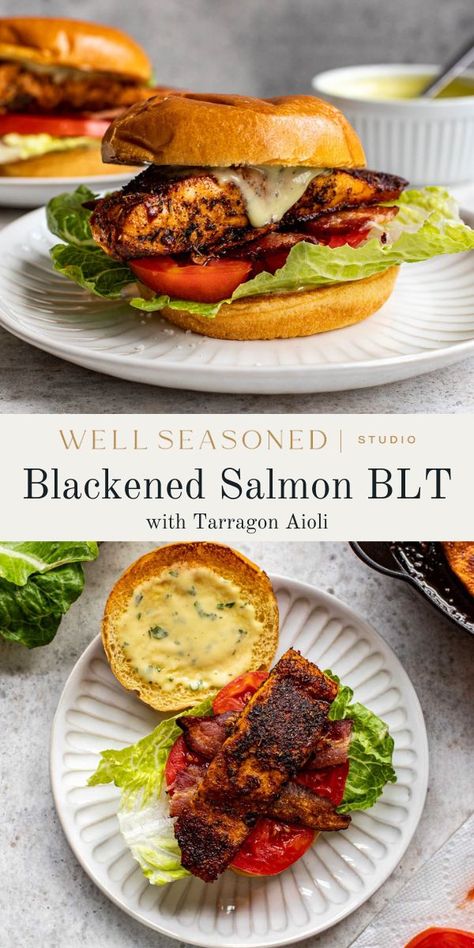 Salmon Sandwiches Recipes, Blackened Salmon Sandwich, Salmon Blt Sandwich, Tarragon Aioli, Salmon Sandwich Recipes, Salmon Blt, Cilantro Lime Salmon, Fish Entrees, 69th Birthday