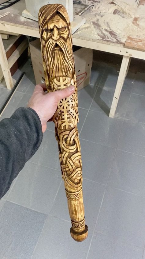 sloboda_woodcarving on Instagram: baseball bat carved from wood. cut out images of Scandinavian Gods: Odin, Thor, Tyr. #woodcarving #woodworking #paganart #vikingart… Nordic Wood Carving, Norse Wood Carving, Viking Carving, Carving Projects, Odin Thor, Pagan Art, Tree Spirit, Carving Wood, Wood Carving Designs