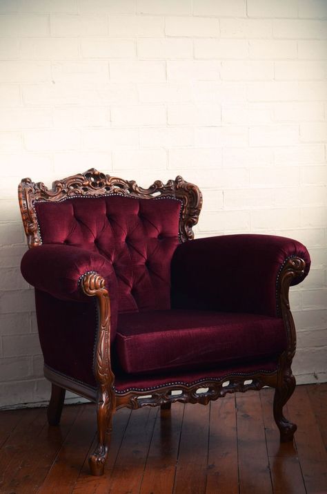 Dear September, Red Velvet Chair, Velvet Arm Chair, Chairs Restaurant, Victorian Armchair, Open Living Room Design, Fancy Chair, Red Armchair, Victorian Chair