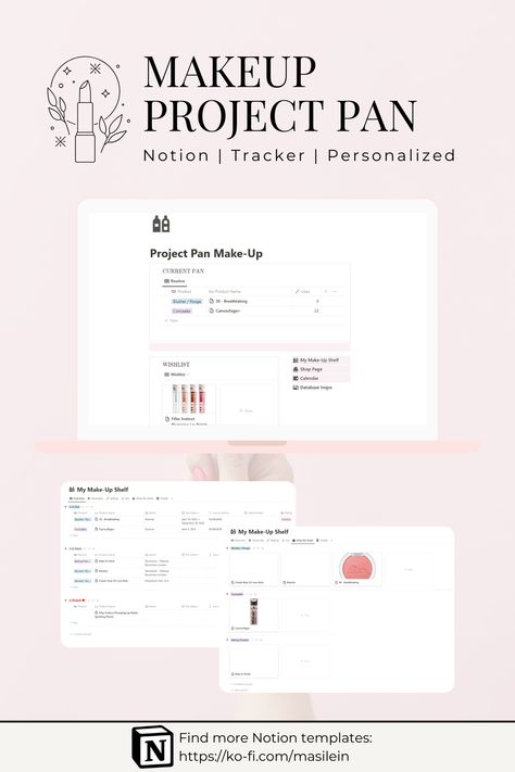 This free Notion template is the ultimate tracker for your make-up project pan and wishlist. Track the uses of your items by times used or weight/picture reference and facilitate shop your stash experiences digitally. Notion Hair Care Template, Notion Period Tracker, Notion Skincare, Notion Beauty Template, Project Pan Makeup, Notion Show Tracker, Pan Makeup, Weight Pictures, Notion Ideas