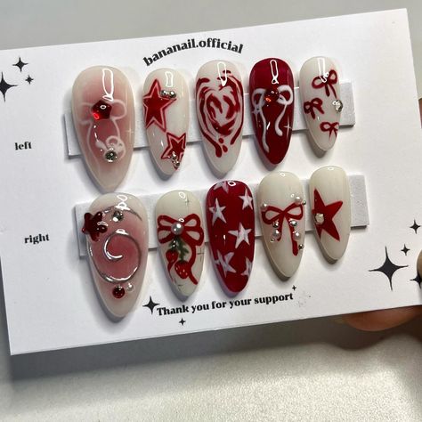 All posts • Instagram Red White Nails, White Nails Almond, Ribbon Nails, Red And White Nails, Kawaii Nail Art, Nails Cute, Y2k Nails, Blush Nails, Pretty Gel Nails