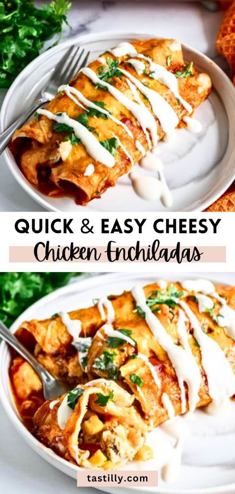 With just a few easy ingredients like leftover rotisserie chicken, red bell peppers, green chiles, and corn, you can make the best chicken enchilada filling. Baked with store-bought enchilada sauce, corn tortillas, and melty cheddar cheese, this complete meal will blow your mind! Leftover Mexican Chicken Recipes, Easy Chicken Enchiladas Recipe, Rotisserie Chicken Recipes Mexican, Chicken Enchilada Filling, Chicken Enchilada Casserole Easy, Shredded Recipes, Tortilla Meals, Healthy Enchilada Recipe, Enchilada Filling