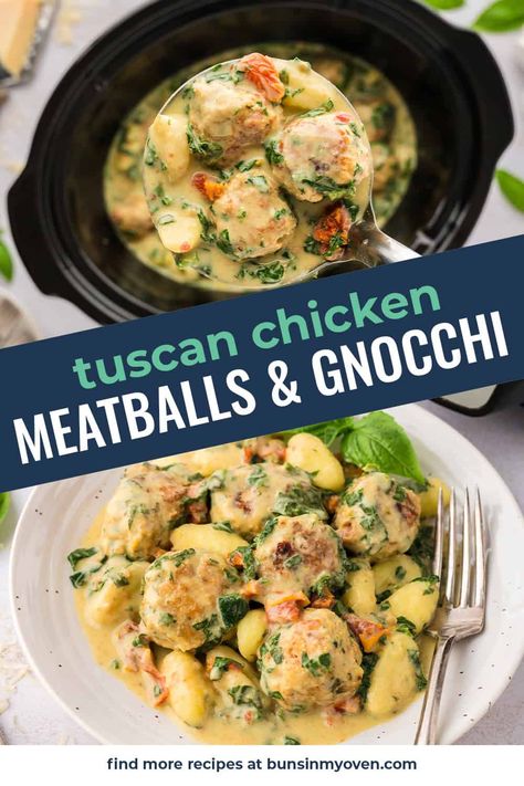 Tuscan Chicken Meatballs With Gnocchi, Crock Pot Gnocchi, Slow Cooker Tuscan Chicken, Slow Cooker Pasta Recipes, Crockpot Lasagna, Low Carb Slow Cooker, Slow Cooker Pasta, Meatball Ingredients, Homemade Meatballs