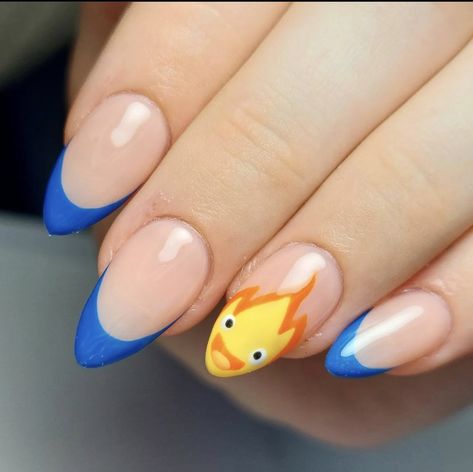 Nail Ideas Anime Simple, Nails Design Funky, Gel Nail Designs Colorful, Calcifer Nail Art, Anime Style Nails, Nerdy Nail Designs, Charmander Nails, Howls Moving Castle Nails Simple, Howls Moving Castle Nail Design