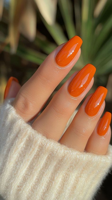 Orange Winter Nails, Fall Burnt Orange Nails, Fall Orange Nails Acrylic, Autumn Orange Nails, Orange Nails Autumn, Nail Color Orange, Autumn Nails Orange, Orange Autumn Nails, Orange Fall Nail Designs