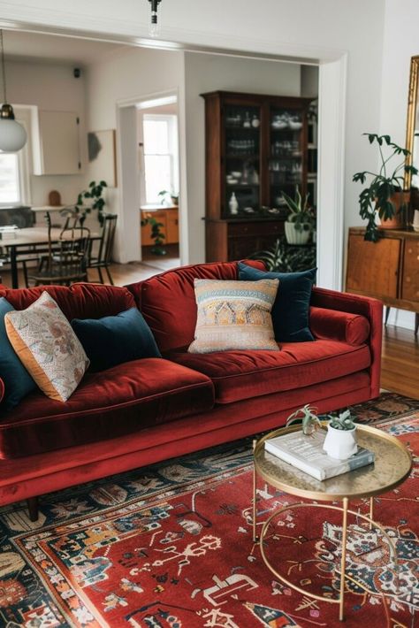 15 Modern Boho Living Room Interior Designs To Fuel Your Dreams! - My Decor Inspo Wine Couch Living Rooms, Ginger Sofa Living Room Ideas, Red Velvet Sofa Living Room Ideas, Red Couch Decor Living Room, Red Sofa Aesthetic, Rust Couch Living Room Ideas, Living Room With Red Sofa, Red Couch Living Room Ideas, Rust Velvet Sofa