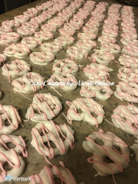 Pink Pretzels, Pink And White Baby Shower Ideas, Pink Baby Shower Food, Pink Chocolate Covered Oreos, Pink Pretzels Rods, Pink Chocolate Covered Pretzels, Hot Pink Chocolate Covered Pretzels, Bridal Shower Chocolate Covered Pretzels, Pink And White Chocolate Pretzels