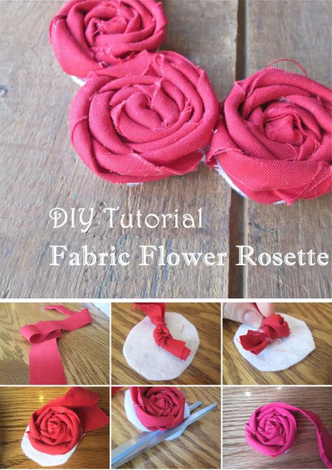 DIY Fabric Flower Rosette Tutorial Flowers From Fabric Scraps, Diy Rosettes Fabric, Diy Rosette, Fabric Flower Wreath, Fabric Rosettes Tutorial, How To Make Fabric Roses, Diy Fabric Flowers, How To Make Fabric Flowers, Fabric Flowers Diy Easy