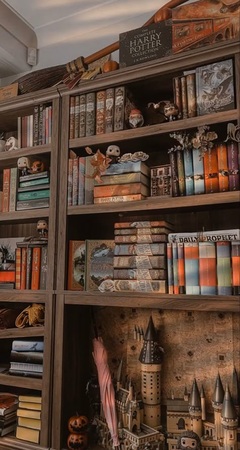 Harry Potter Aesthetic Library, Harry Potter Room Ideas For Adults, Harry Potter Livingroom, Harry Potter Inspired Home Library, Harry Potter Themed Home Library, Harry Potter Bookshelf Decor, Harry Potter Room For Adults, Harry Potter Aesthetic Office, Reading Nook Harry Potter