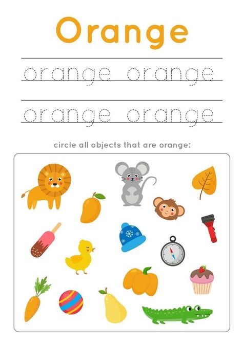 Learning Colors Worksheets, Orange Activities, Color For Preschool, Kids Writing Practice, Preschool Free Printables, Orange Crafts, Colors Activity, Free Kindergarten Printables, Preschool Color Activities