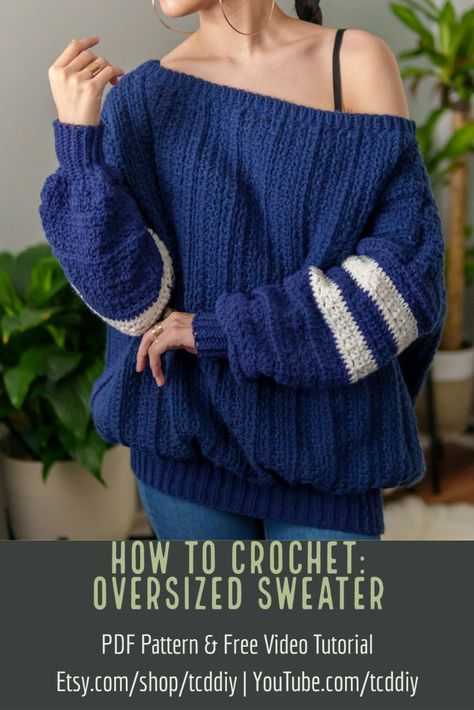 Have a blast making this sweater with our pattern here! 💖 Be sure to follow on YouTube, Instagram and check out my Etsy @TCDDIY Crochet Winter Wearables, Crochet V Neck Sweater Pattern Free, Off Shoulder Crochet Sweater, Crochet Oversized Sweater Pattern, Crochet Off The Shoulder Sweater, Oversized Sweater Pattern, Crochet Oversized Sweater, Oversize Sweater Pattern, 2023 Crochet