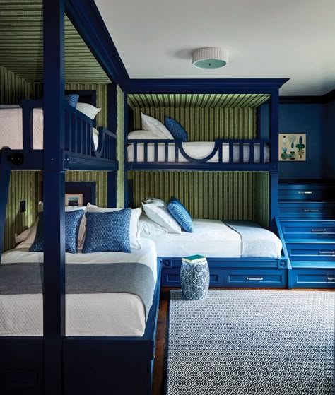 Oak Bunk Beds, Green Striped Wallpaper, Modern Boys Bedroom, L Shaped Bunk Beds, Bunk Beds Built In, Built In Bunks, Bunk Rooms, Transitional Bedroom, Bunk Room