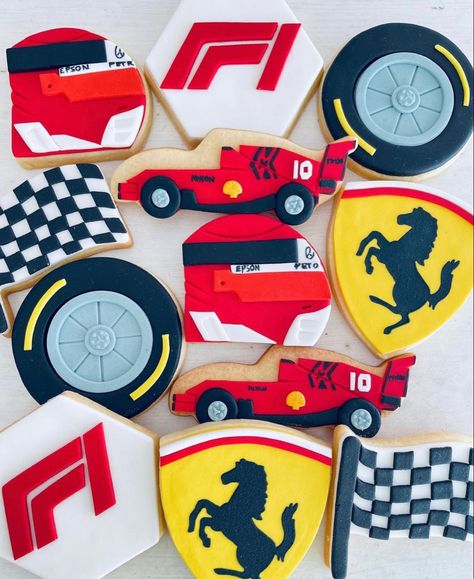 Ferrari Cookies Decorated, Ferrari First Birthday, First Birthday Formula 1, Formula 1 Cookies Decorated, Ferrari Birthday Cake Formula 1, Formula One Themed Birthday, F1 Food Ideas, F1 1st Birthday Party, F1 Birthday Party Ideas Ferrari