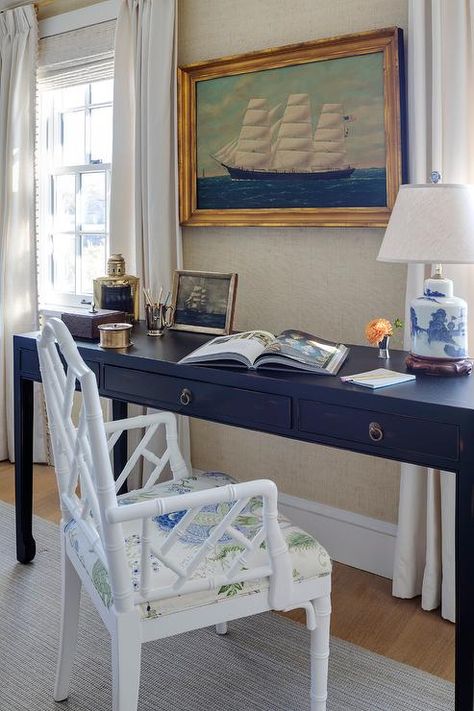 Blue Chinoiserie Desk with White Bamboo Chair - Cottage - Den/library/office Tan Grasscloth Wallpaper, Island Interior, Den Library, Library Office, Beach House Interior Design, Blue Chinoiserie, Bamboo Chair, Beach House Interior, Nautical Art