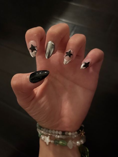 Mitski Nails, Black Gel X Nails, Uñas Dark Aesthetic, Star Chrome Nails, Cut Dog Nails, Rockstar Nails, Concert Nails, Nail Trimming, Punk Nails