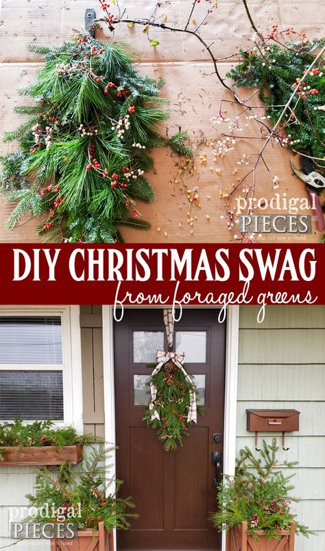 Skip the box store and head out to forage your own greens to create this DIY Christmas swag & planters. It's easy, affordable and fun! Video tutorial by Larissa of Prodigal Pieces at prodigalpieces.com #prodigalpieces #diy #christmas #video #home #homedecor #holiday #budgetfriendly #nordic #farmhouse Christmas Swag Wreaths Diy, Evergreen Swag Diy, Hanging Of The Greens Service Ideas, Diy Swag Christmas, Outdoor Christmas Swag Ideas, Cedar Swag Diy, Pine Swags Christmas Diy, Diy Christmas Swags For Front Door, Diy Christmas Swags