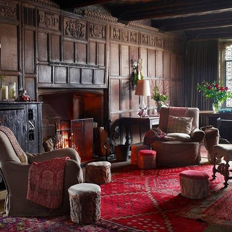 Antique Moroccan rugs live in the parlor. | Photo: @simonuptonphotos #interiordesign #instadecor #instahome Manor Interior, Designer Photo, Oak Cupboard, English Manor Houses, English Interior, Walnut Chair, Comfortable Armchair, English Country House, Princess Bride