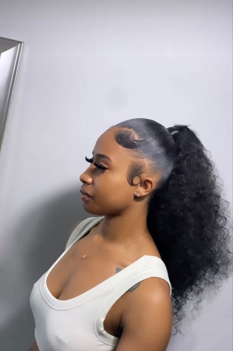 Slicked Curly Ponytail, Sleek Frontal Ponytail, Ponytail Weave Curly, Decade Outfits, Slick Styles, Natural Ponytail, Ponytail Weave, Frontal Ponytail, Relaxed Hairstyles